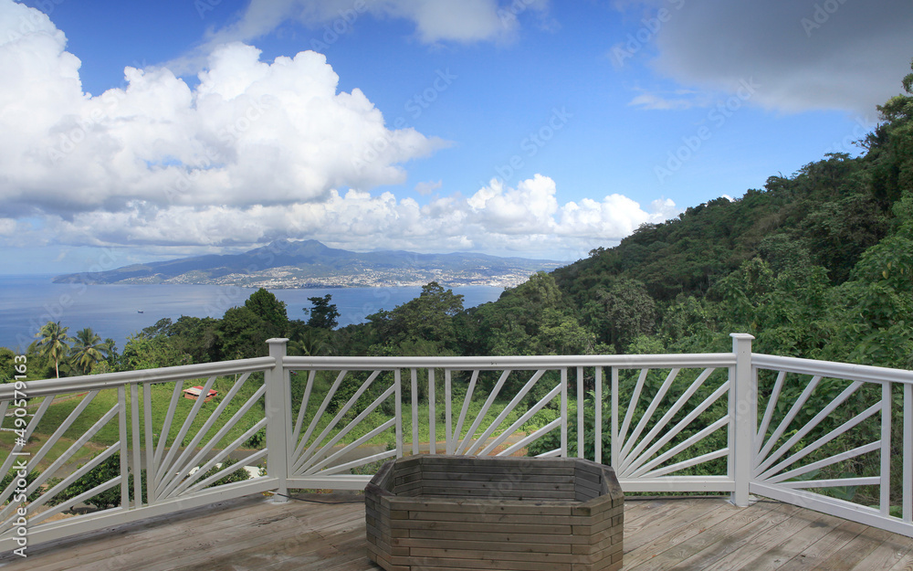 wooden terrace in anses of Arlet, Martinique island, France wooden terrace in anses of Arlet, Martinique island, France