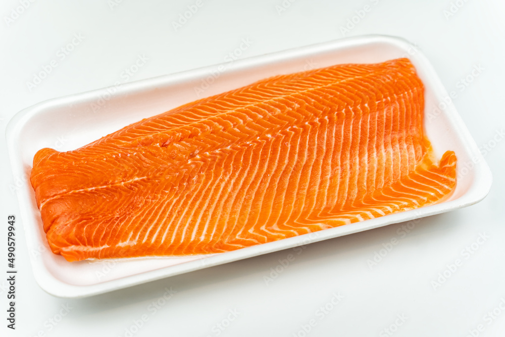 Raw salmon fillets on a white plastic plate on a white background. Raw salmon fillets on a white plastic plate on a white background.