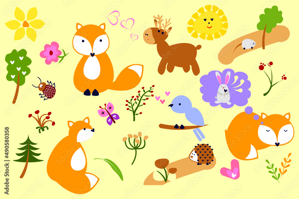 Fototapeta children's illustration of animals, fox, hare, bird, flowers, mouse, hedgehog, butterfly, sun, berries, mushrooms