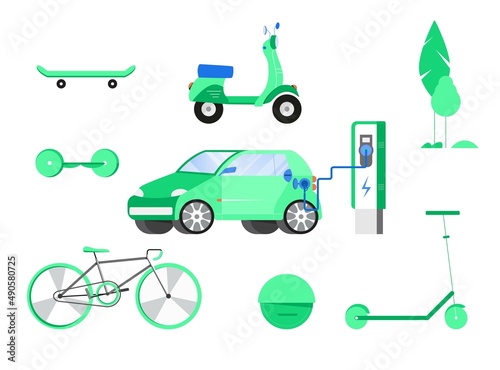 Set of transport using renewable electric energy. Electric car at charging station, scooter, hoverboard, hoverboard, bicycle, bike, one wheel, skateboard. Isolated vector illustration in flat style