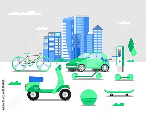 Concept of renewable energy for transport. Electric car at charging station, scooter, hoverboard, hoverboard, bicycle, bike, one wheel, skateboard. Isolated vector illustration in flat style