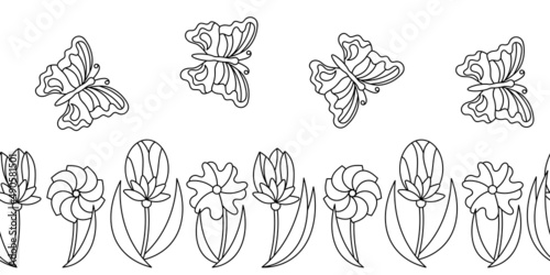 Seamless vector horizontal borders with flowers, leaves and . Coloring book for adults, design elements, Black and white hand-drawn illustration