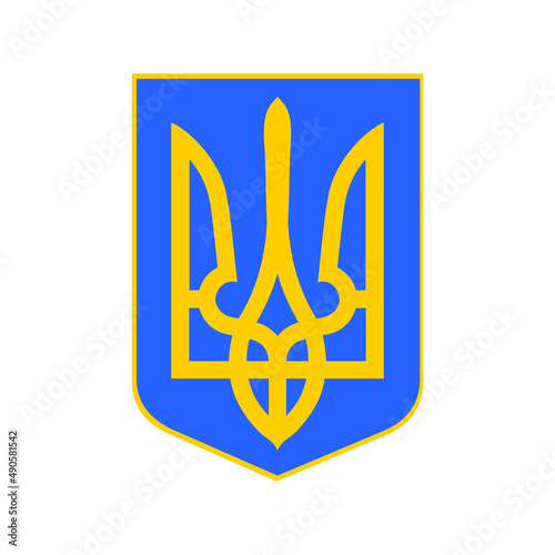 The Small Coat of Arms of Ukraine is one of the three official symbols of the state. Shield and trident made of yellow and blue isolated on white background. Vector.