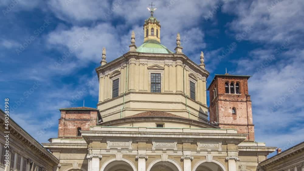 Facade of San Lorenzo Maggiore Basilica timelapse hyperlapse and statue of Constantine emperror in front. Facade of San Lorenzo Maggiore Basilica timelapse hyperlapse and statue of Constantine emperror in front.