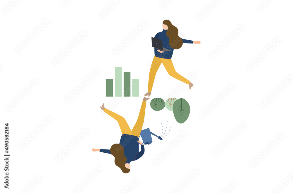 Flat design of work life balance concept and work life harmony vector, business people with leisure activities, relaxing lifestyle management vector, a business woman is working on laptop notebook.