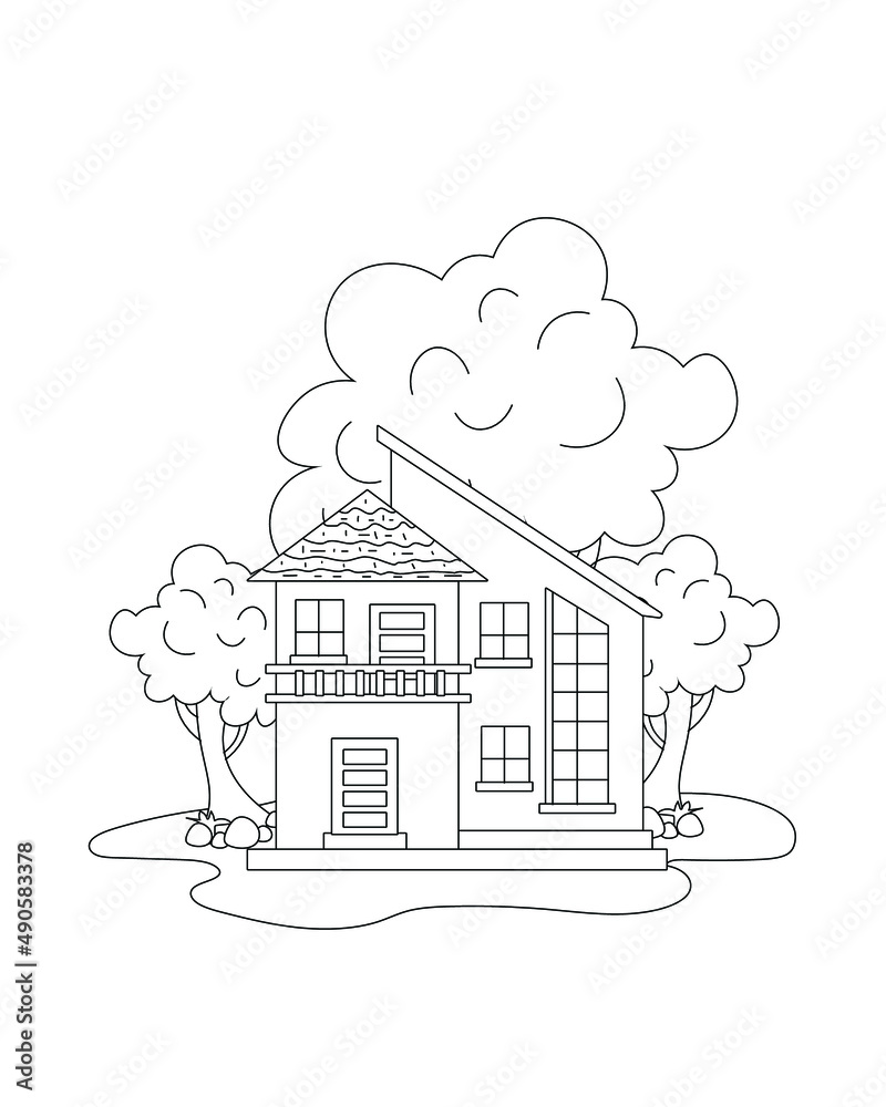 Easy Simple house Coloring page. modern House line art design. line art