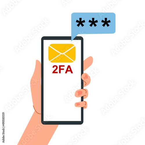 Smartphone in hand. Two-factor authentication. A message with a code. Vector illustration in a flat style.