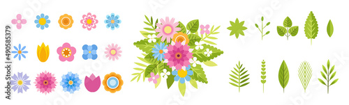 Simple vector flowers and leaves. Collection of different flowers in a flat style. Spring art bouquet with cute plant elements. Icons isolated on white background