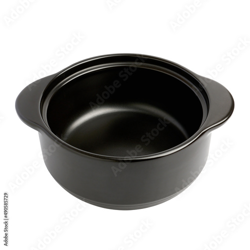 Empty ceramic saucepan with black enamel finish isolated on white background