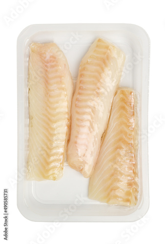 Vacuum packed cod fillets isolated on white background close up