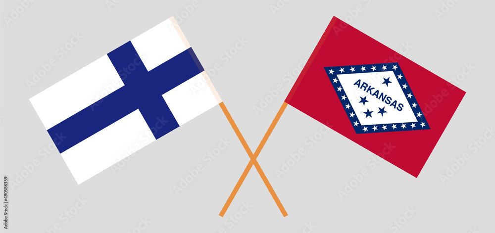 Crossed flags of Finland and The State of Arkansas. Official colors. Correct proportion