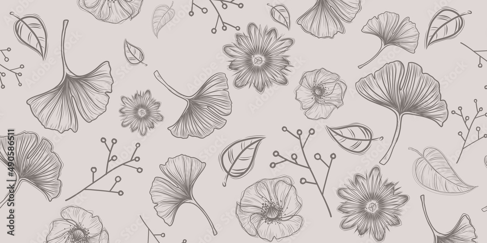 Seamless floral banner - hand drawn doodle illustration - ghinkgo leaves and flowers design