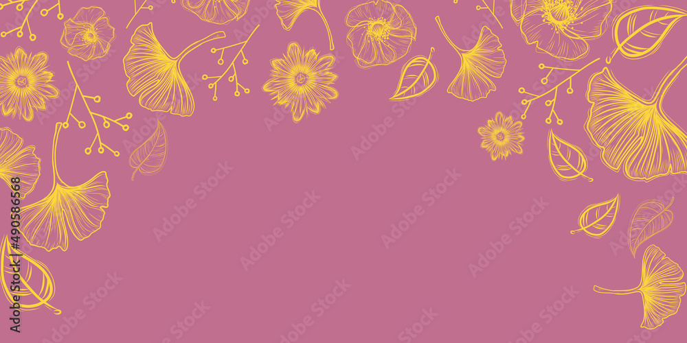 Floral banner - hand drawn doodle illustration - ghinkgo leaves and flowers design
