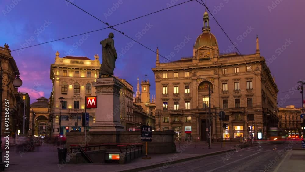 Cordusio Square and Dante street with surrounding palaces, houses and buildings at sunset timelapse Cordusio Square and Dante street with surrounding palaces, houses and buildings at sunset timelapse
