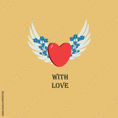 red heart with wings and blue flowers on a yellow background with love