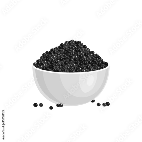 Black sturgeon caviar in white bowl. Fish roe - healthy luxury delicacy. Vector illustration isolated on black background