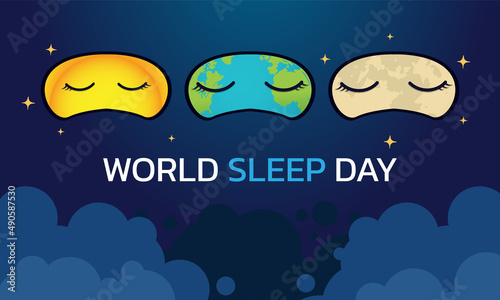 World Sleep Day Vector Design Illustration.Horizontal bright poster for World Sleep Day. Sleeping icons of the planet Earth, the moon and the sun under the covers.