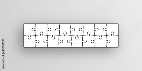 Puzzle pieces set. Jigsaw outline grid. Scheme of thinking game. Modern background with mosaic shapes. Simple frame tiles. Cutting template with 16 details. Vector illustration.