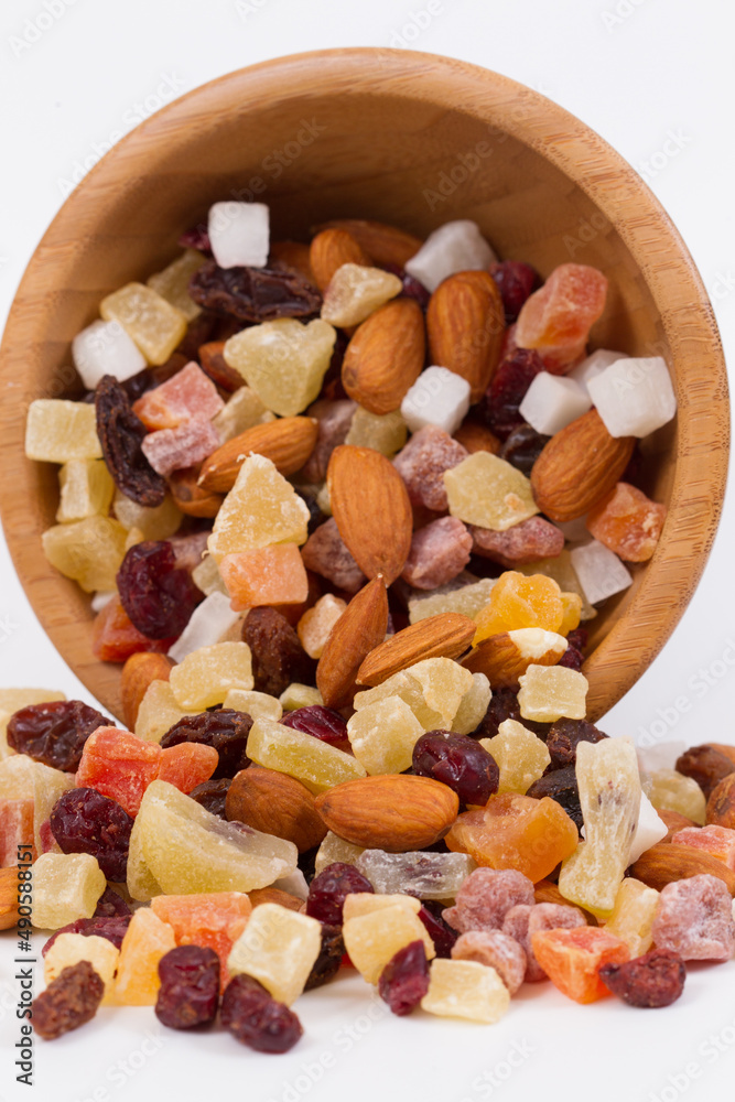 Dried fruits and nuts in a bambus bowl. Dried fruits and nuts in a bambus bowl.