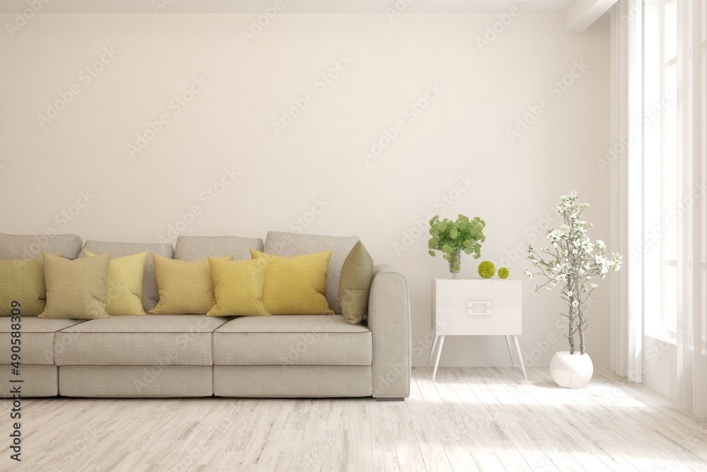 Fototapeta premium White living room with sofa. Scandinavian interior design. 3D illustration
