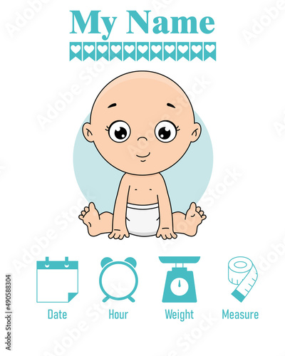 Cute boy with balloon. Baby birth print. Baby data template at birth. Weight, measurement, time and day of birth	