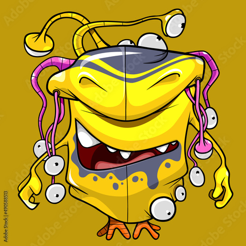 funny cartoon creature of yellow color with a big nose and many eyes