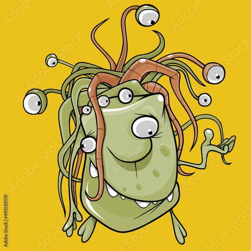 smiling cartoon creature of olive color with many eyes in his hair