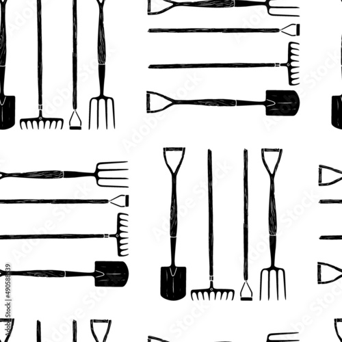 Vector seamless pattern with hand drawn garden tools. Beautiful design elements, ink drawing, linocut style. Perfect for prints and patterns.