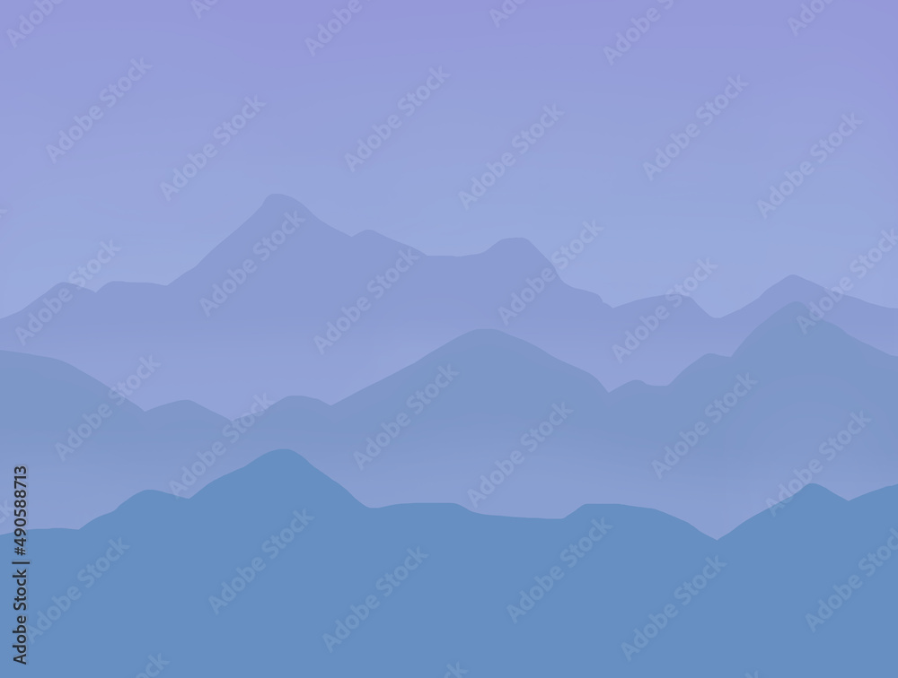 Mountains. 
Color illustration of mountains. Minimalistic image. Blue mountains. Blue or purple sky.