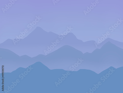 Mountains. Color illustration of mountains. Minimalistic image. Blue mountains. Blue or purple sky.