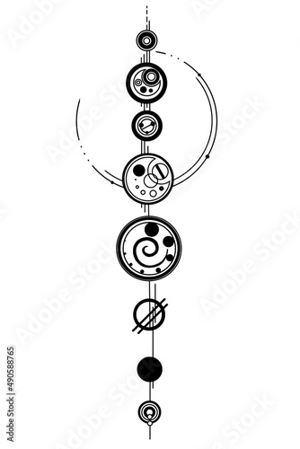 Circles.
Black and white illustration. Circles similar to the Gallifreyan language. circles similar to crop circles. Idea for a tattoo.
