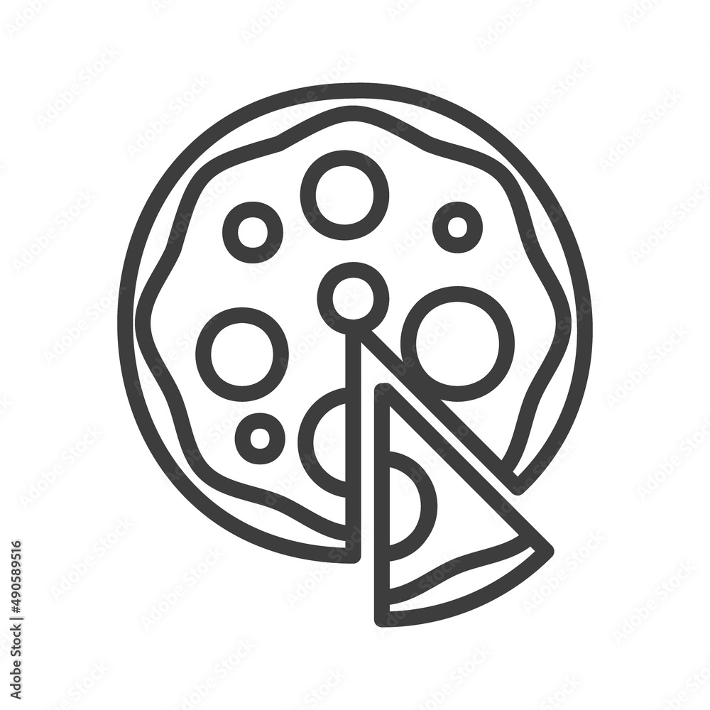 Slice from round pizza with tomato. Simple food icon in trendy line style isolated on white background for web apps and mobile concept. Illustration Slice from round pizza with tomato. Simple food icon in trendy line style isolated on white background for web apps and mobile concept. Illustration