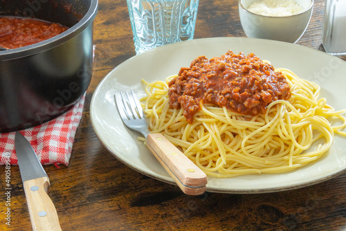 Delicious spaghetti bolognese in a white plate
