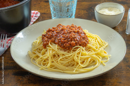 Delicious spaghetti bolognese in a white plate