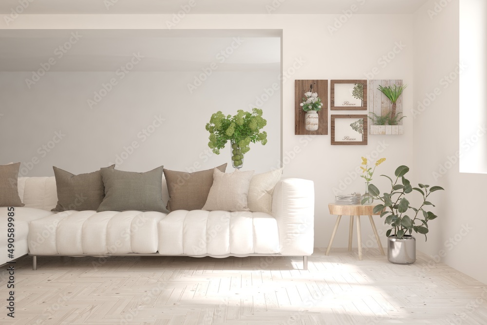 Fototapeta premium White living room with sofa. Scandinavian interior design. 3D illustration