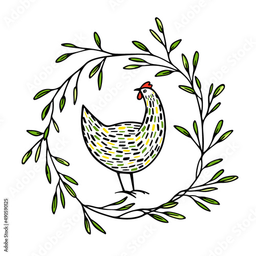 Vector card with hand drawn cute motley hen in green leafy floral wreath. Beautiful design elements, ink drawing, logo template