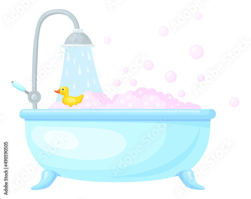 Full bath with bubbles and yellow duck. Cartoon bathtub icon