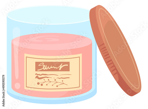 Cartoon cosmetic jar with open lid. Pink skin care product