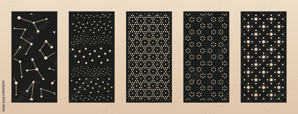 Laser cut patterns collection. Vector set with abstract geometric backgrounds, dots, lines, floral silhouettes, grid. Decorative stencil for laser cutting of wood panel, metal, acryl. Aspect ratio 1:2