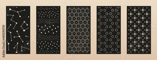 Laser cut patterns collection. Vector set with abstract geometric backgrounds, dots, lines, floral silhouettes, grid. Decorative stencil for laser cutting of wood panel, metal, acryl. Aspect ratio 1:2