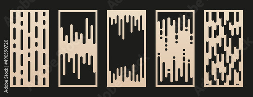 Laser cut patterns. Vector set with abstract geometric ornament with liquid lines, stripes. Modern minimal design. Decorative stencil for laser cutting of wood, metal, plastic, paper. Aspect ratio 1:2