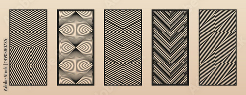 Laser cut patterns. Vector set with abstract geometric texture, lines, stripes, grid, chevron. Stencil for laser cutting of wood panel, metal, plastic, acryl, paper. Trendy design. Aspect ratio 1:2