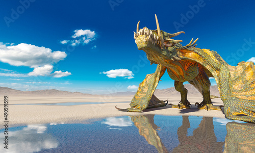 dragon is grounded on the desert after rain side view © DM7