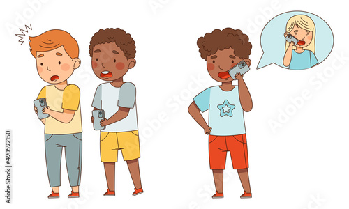 Cute kids using gadgets set. Boys with smartphones cartoon vector illustration
