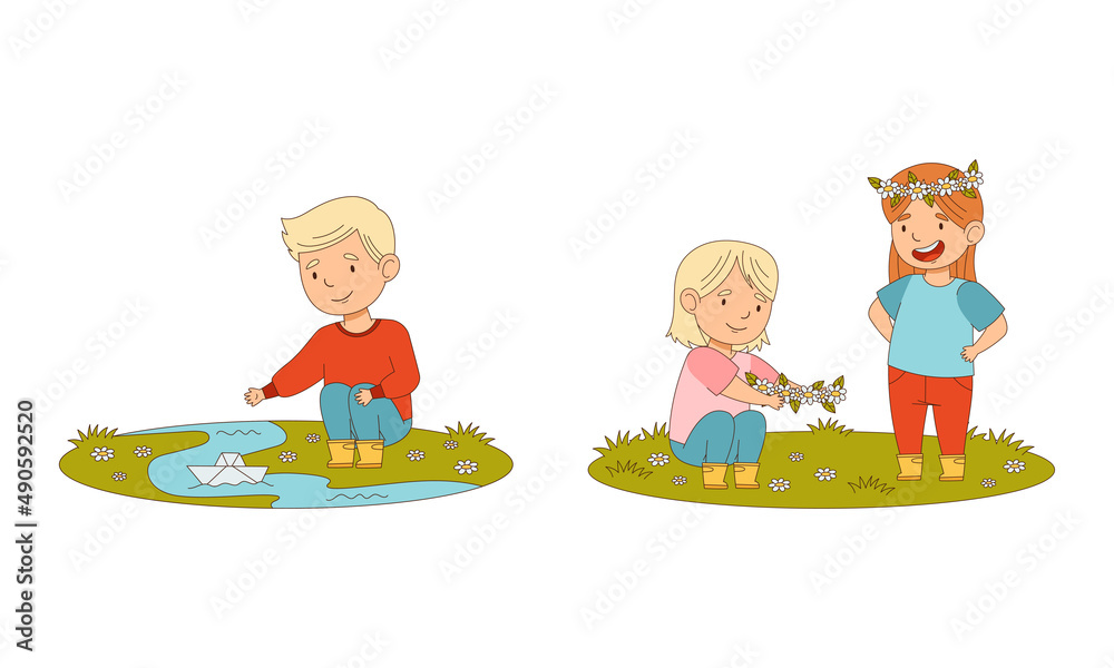 Kids spring activities set. Cute children playing with paper boats and twisting flower wreath cartoon vector illustration Kids spring activities set. Cute children playing with paper boats and twisting flower wreath cartoon vector illustration
