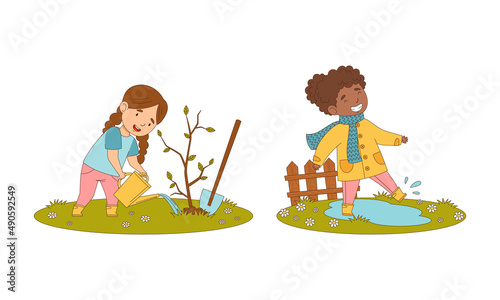 Kids spring activities set. Cute children working in garden. Girls planting tree and jumping in puddles cartoon vector illustration