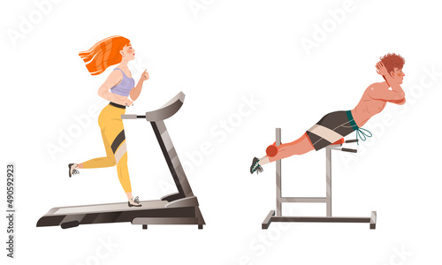 People doing different sport exercises set. Girl jogging on treadmill, man pumping abs on the simulator cartoon vector illustration