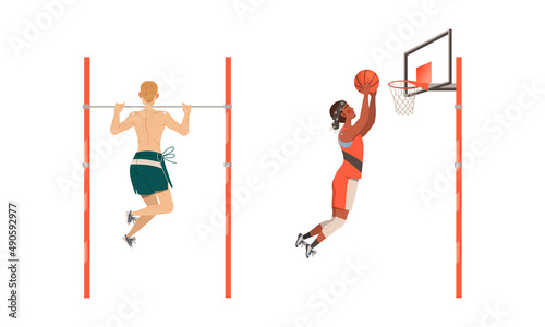 People doing sports set. Men playing basketball and training on horizontal bar cartoon vector illustration