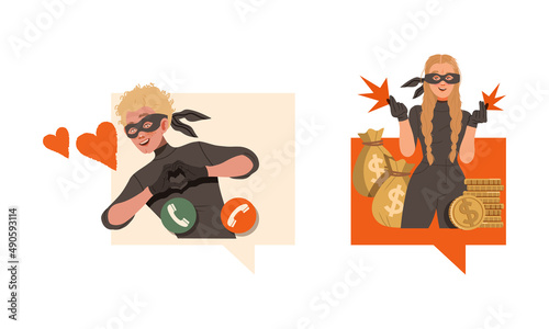 Female hacker criminals in black masks stealing personal data and money. Online dating scam cartoon vector illustration