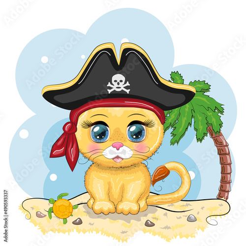 Lion pirate, cartoon character of the game, wild animal cat in a bandana and a cocked hat with a skull, with an eye patch. Character with bright eyes